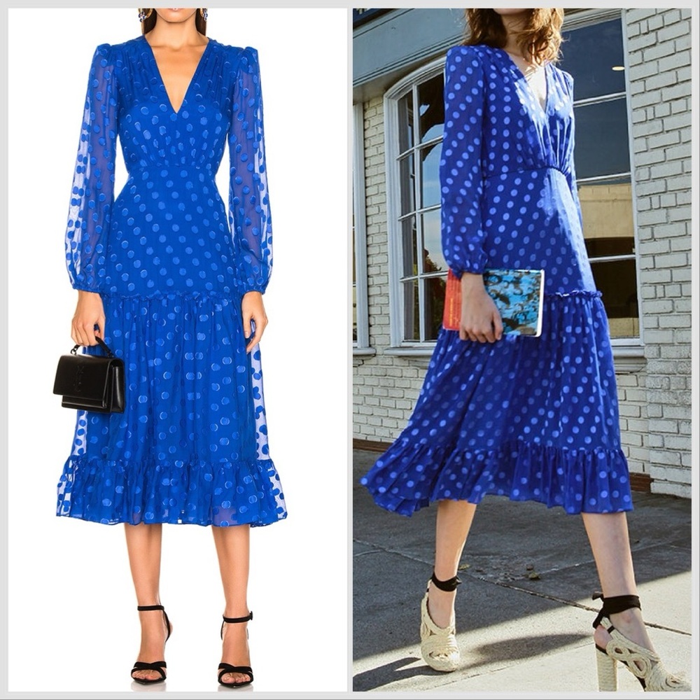Saloni Devon silk V neck polka dot midi Chiffon dress in cobalt blue size 6
